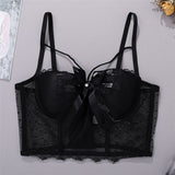 Summer Lace Mesh Bow Crop Tank Top With Built In Bra See Through Top Push Up Bralette Short Sexy Nightclub Black Clothes