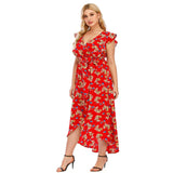 Red Floral Plus Size Women Boho V Neck Asymmetrical High Waist Beachwear Long Beach Party Bohemian Dress