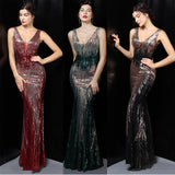 Mermaid Bright Sequin Long Evening Dress Party Etiquette Celebration Robe Dress Sleeveless V-neck Sexy Gowns