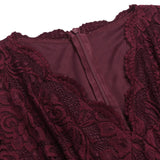 V Neck Elegant Burgundy A Line Lace Women Summer High Waist Vintage Midi Swing Dress