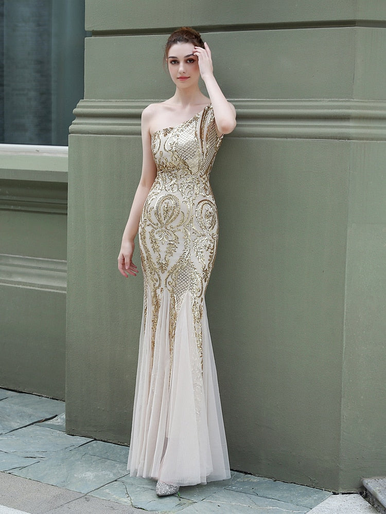 One-shoulder Tulle Sequins Evening Dress Long Mermaid Elegant Vestioes Prom Robe Burgundy White Formal Dress