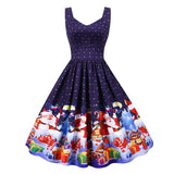 Ruched High Waist Vintage Print Christmas Winter Sleeveless Xmas Festival Pleated Dress