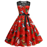 Sleeveless Sexy Party Christmas Women's Dress Lace Patchwork Robe Femme Belt 70s 50s 60s A Line Swing Tunic Midi Dresses