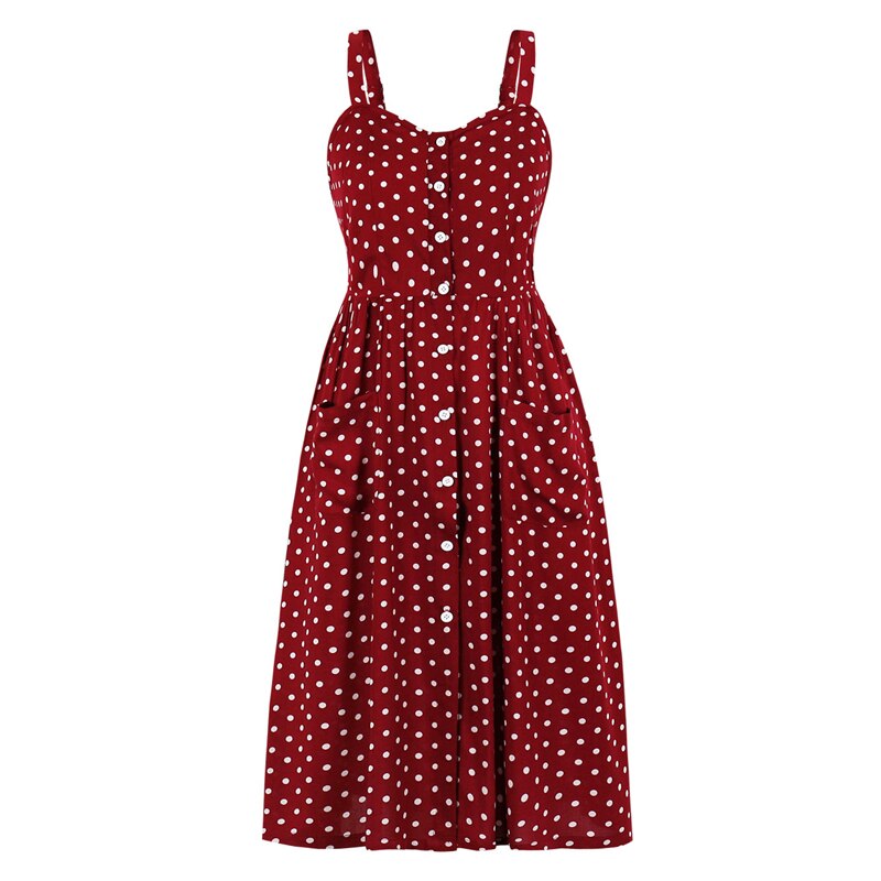Vintage Polka Dot Button Up Summer Midi Tank Dresses for Women Spaghetti Strap Shirred Back Pleated Casual Dress