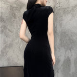 2021 Stand Collar Vintage Buttons Chi-Pao Robe Velvet Long Dresses for Women Cap Sleeve Elegant Party Sexy Split Bodycon Dress