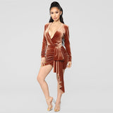 Brown Velvet V Neck Long Sleeve Sashes Wrap Sexy Night Club Party Sheath Dress