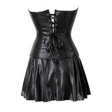 Women Gothic Faux Leather Corset Dress Sexy Overbust Corset Bustier Lingerie Top With Mini Skirt Set Party Burlesque Costume