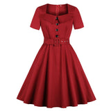 Pin Up Women Square Collar Button Front Belted 1950s Rockabilly Short Sleeve Pocket Elegant Solid Vintage Dress