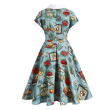 Women Multicolor Print 50s Style Rockabilly Vintage Swing Button Up Pinup Robe A-Line Midi Cotton Dress