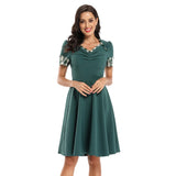 Dark Green Vintage V Neck Patchwork Plaid Short Sleeve Robe Pin Up Swing Retro Dress