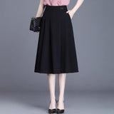 Women Midi Bottoms High Waist A-Line Solid Pleated Ladies Long Skirts