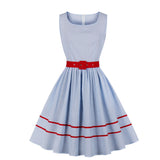 O-Neck Sleeveless 50s Striped Vintage Pleated Cotton Women Pocket Side Red Belt Casual Ladies Dress