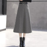 Vintage Women Long Woolen Retro Pleated Plaid Black A-line Skirts