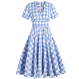 2021 White and Blue Plaid V-Neck Short Sleeve Women Summer Elegant Dress Vintage A-Line High Waist Midi Dresses with Belt