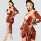 Brown Velvet V Neck Long Sleeve Sashes Wrap Sexy Night Club Party Sheath Dress