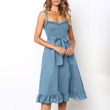 Elegant Ruffle Pleated Cotton Ruched High Waist Women Spaghetti Strap Midi Dress