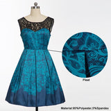 Blue Floral Print Contrast Lace Sweetheart Vintage Backless Party Pleated Rockabilly Summer Dress