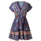 Bohemian Floral Women Ruffle Bandage Mini Dress Elegant Holiday Beach Sundress