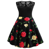 A Line Peony Flower Vintage Contrast Lace Elegant Summer Ladies Retro Party Black Dress