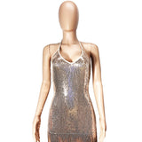 Sexy Halter Plunge Backless Bodycon Sequin Midi Dress Roaring 1920s Flapper Great Gatsby Party Fringe Dress Costume