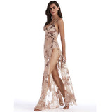 3 Color High Waist Two Split Spaghetti Straps Sequin Long Mesh Double Side Slit Maxi Nightclub Dress