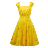 Vintage Print Yellow Casual Summer Cap Sleeve Cute Square Collar Backless Elegant Skater Dress