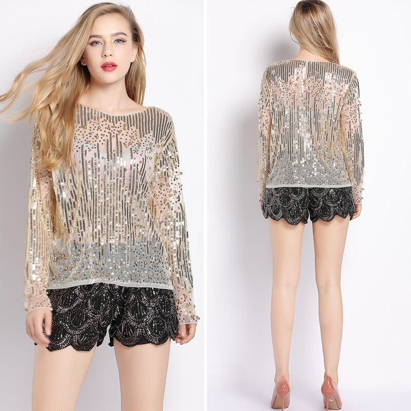 Runway Sexy Sequined Bead Sheer Mesh Lace Long Sleeve Shirt Vintage Diamonds Embroidery Embellished Blouse Top Women Tunic