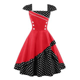 Square Neck Layered Polka Dot Rockabilly Double Breasted Tunic Cap Sleeve Red Vintage Retro Dress