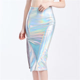 High Split Skinny Bling Laser Holographic Midi Night Party Club Pu Patchwork Skirt