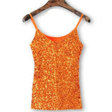 Summer Sexy Women Clubwear Bling Raves Festival Spaghetti Strap Tank Top Simple V-Neck Backless Camisole Sequin Top Camis