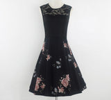 A Line Peony Flower Vintage Contrast Lace Elegant Summer Ladies Retro Party Black Dress