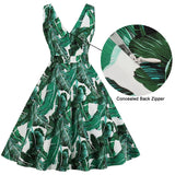 V-Neck Green Tropical Print Pin Up Style Retro Pocket Side 95% Cotton A Line Dress