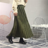 Women Suede Autumn High Waist Long Pleated Vintage Midi Skirt
