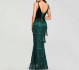 Green Sequins Tassel Sexy Long Prom Dress Elegant V-neck Party Dress