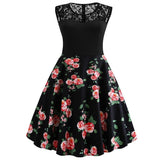 A Line Peony Flower Vintage Contrast Lace Elegant Summer Ladies Retro Party Black Dress