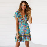 Bohemian Floral Women Ruffle Bandage Mini Dress Elegant Holiday Beach Sundress