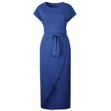 6 Color Casual Round Neck Sashes Wrap Short Sleeve Belt Irregular Vintage Midi Dress