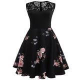 A Line Peony Flower Vintage Contrast Lace Elegant Summer Ladies Retro Party Black Dress