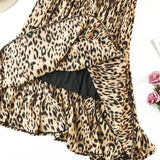 Leopard Print Pleated Midi Long Korean Elegant High Waist A-line Sun Skirt