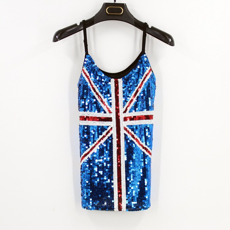 Blue Union Jack England Flag Bling Sequined Ladies Top Party Gift Costumes Sexy Club Adjustable Strap Sequin Cami Top