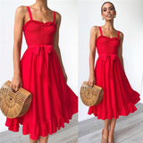 Elegant Ruffle Pleated Cotton Ruched High Waist Women Spaghetti Strap Midi Dress