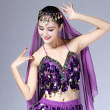 Women Sequin Halter Bra Salsa Belly Dance Boho Festival Club Tribal Top Colorful Beading Coins Tassel Lace-Up Cami Top