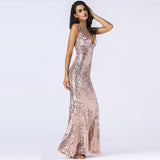 Shining Gold Sequin Maxi V-neck Chic Evening Party Mermaid Elegant Sleeveless Sequins Dress