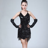 Shiny Sequin Fringe Dress Summer Raves Festivals Outfit V-Neck Backless Lace-up Mini Party Dress with Gloves