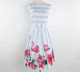 Flower and Flamingo Vintage Dress Women Floral Striped Elegant Pleated Rockabilly Dress