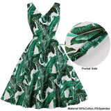 V-Neck Green Tropical Print Pin Up Style Retro Pocket Side 95% Cotton A Line Dress