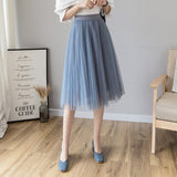 Midi Pleated Black Pink Tulle Skirt Women Spring Summer Korean Elastic High Waist Mesh Skirt