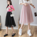 Midi Pleated Black Pink Tulle Skirt Women Spring Summer Korean Elastic High Waist Mesh Skirt