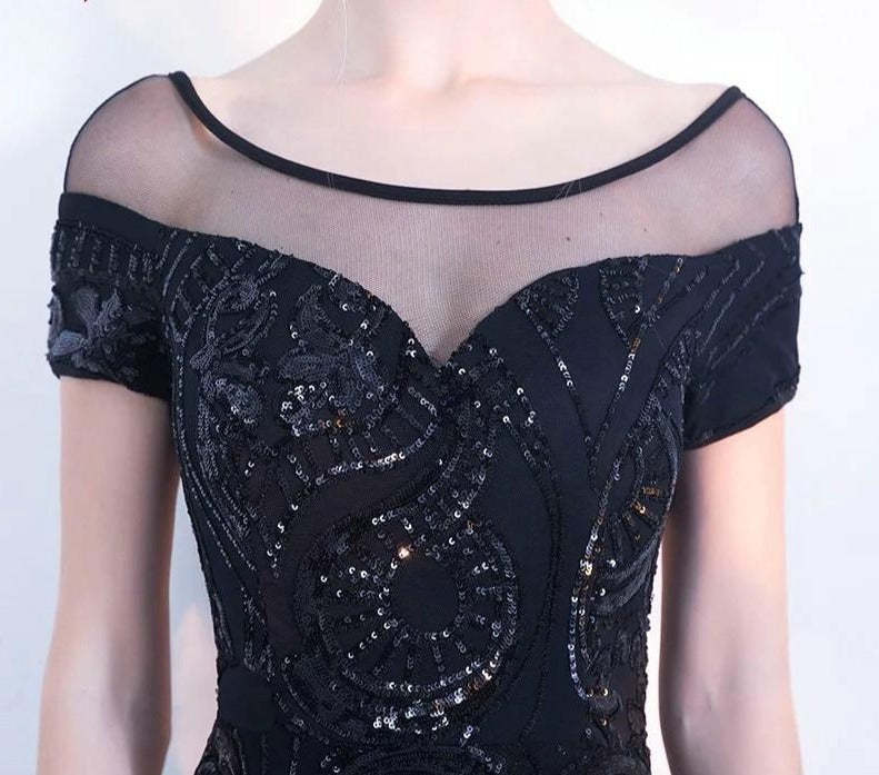 Elegant Backless Evening Dress Simple Black Sequin Dress Short Sleeve FashionLoveHunter Elegant Backless Evening Dress Simple Black Sequin Dress Short Sleeve FashionLoveHunter