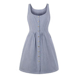 Summer Casual Striped Tank Button Up Sleeveless Pocket Side Blue A Line Short Dress